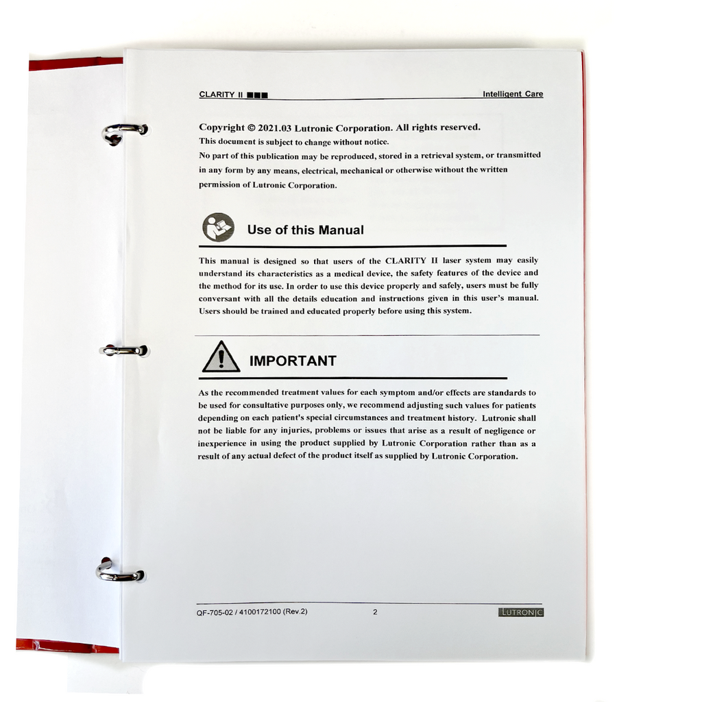 LUTRONIC, Solution to the Success of a Skincare Clinic, CLARITY II Long Pulsed Alexandrite Laser / Nd: YAG Laser, Operator’s Manual, P/N 4100172100 Rev. 2
