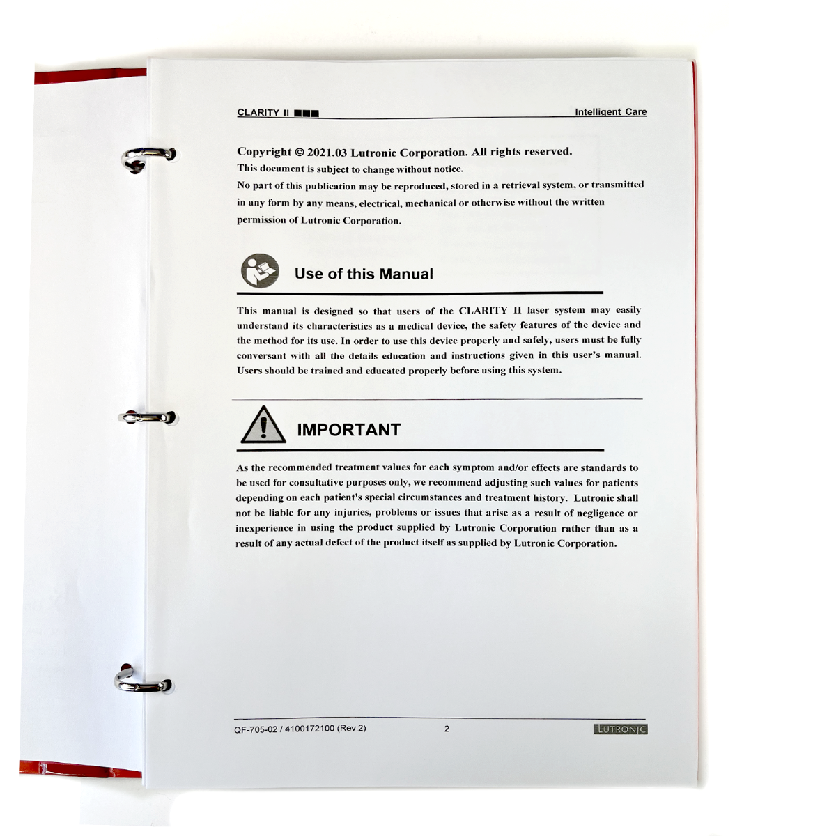 LUTRONIC, Solution to the Success of a Skincare Clinic, CLARITY II Long Pulsed Alexandrite Laser / Nd: YAG Laser, Operator’s Manual, P/N 4100172100 Rev. 2