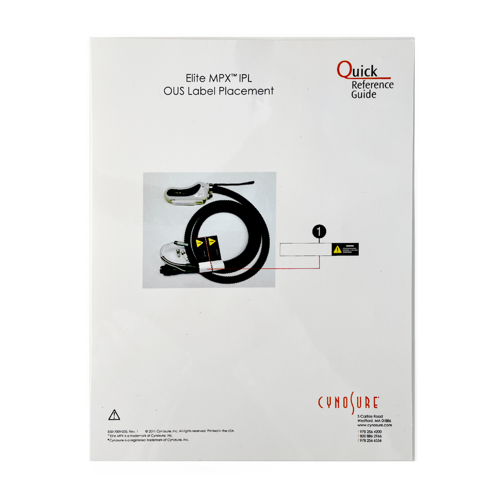 Cynosure, Elite MPX IPL, OUS Label Placement, Quick Reference Guide, P/N 850-7009-035, Rev.1, 2011