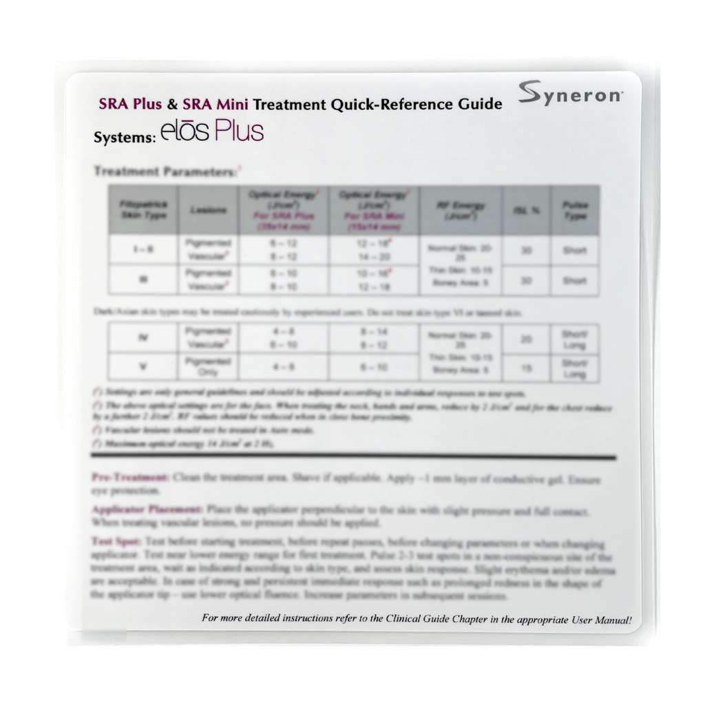 Syneron, SRA Plus & SRA Treatment Quick-Reference Guide (1 sheet) P/N: PB82912EN, 2014