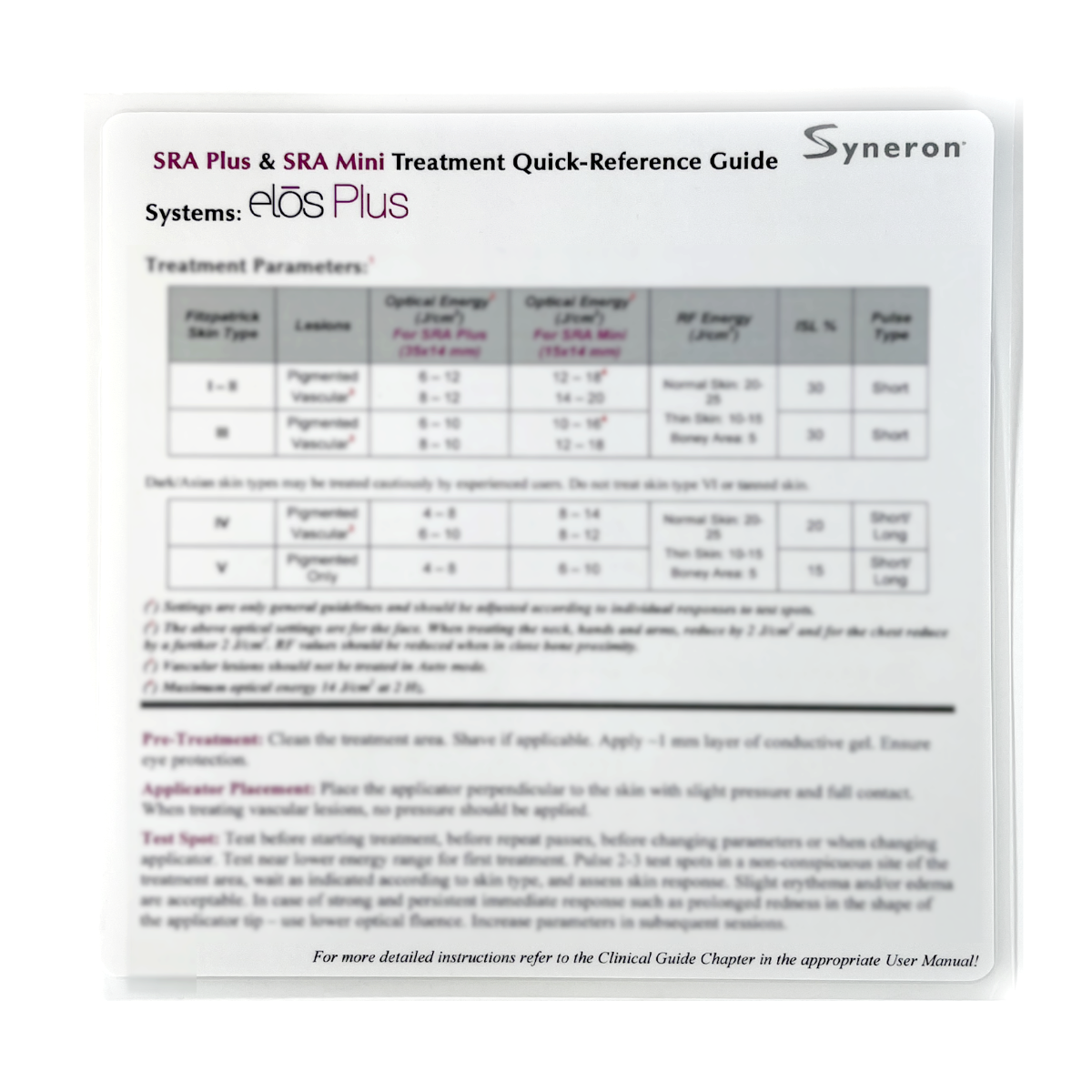 Syneron, SRA Plus & SRA Treatment Quick-Reference Guide (1 sheet) P/N: PB82912EN, 2014