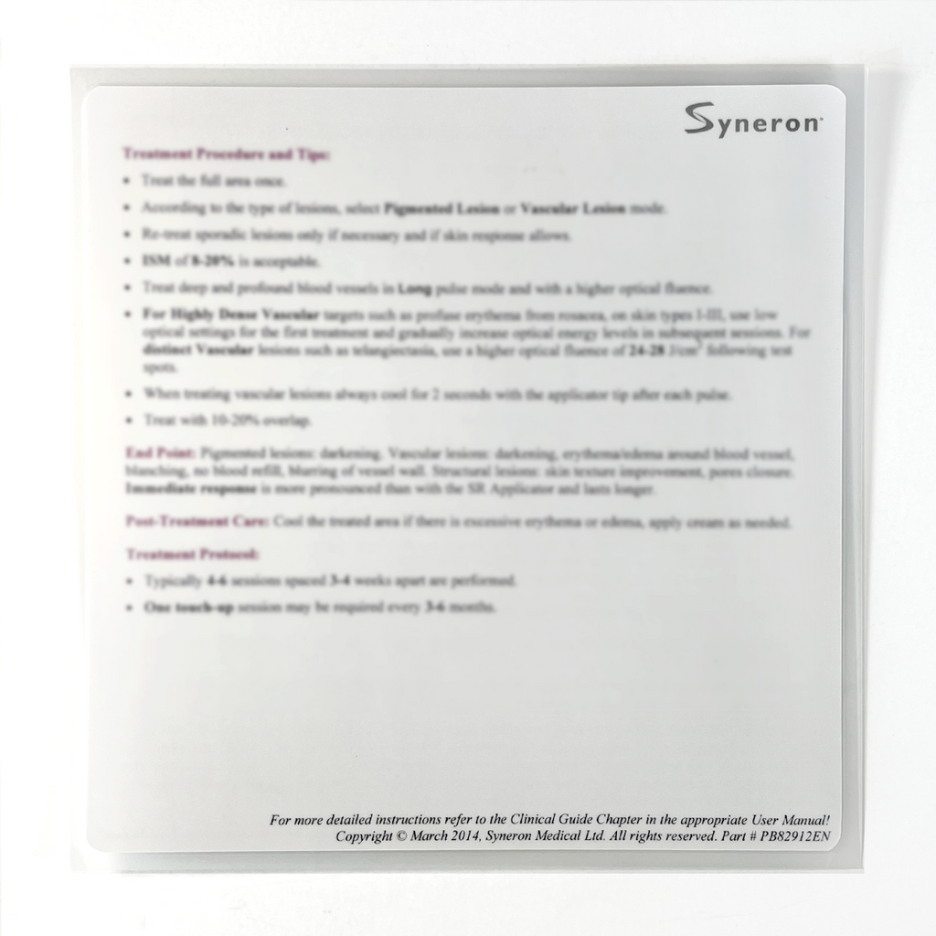 Syneron, SRA Plus & SRA Treatment Quick-Reference Guide (1 sheet) P/N: PB82912EN, 2014