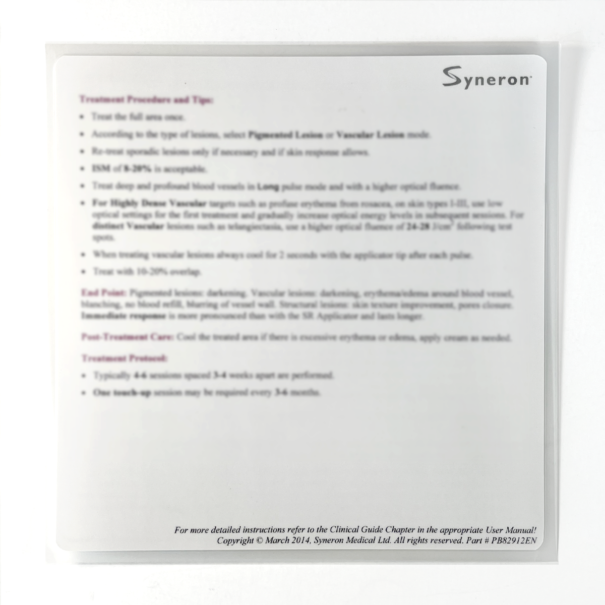 Syneron, SRA Plus & SRA Treatment Quick-Reference Guide (1 sheet) P/N: PB82912EN, 2014