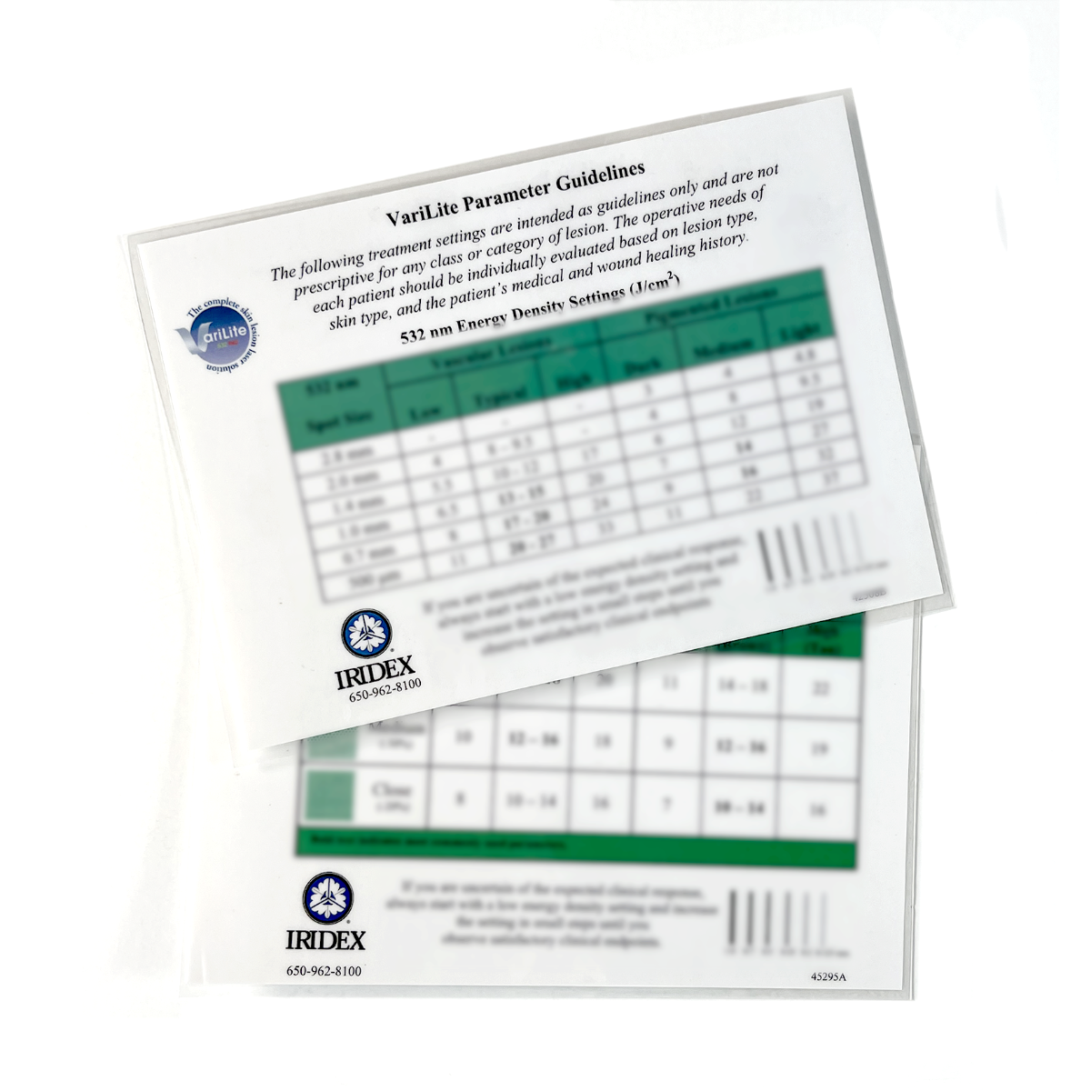 IRIDEX. VariLite Parameter Guidelines to 532nm Energy Density Settings (J/cm2) (3 Sheets) P/N: 650-962-8100