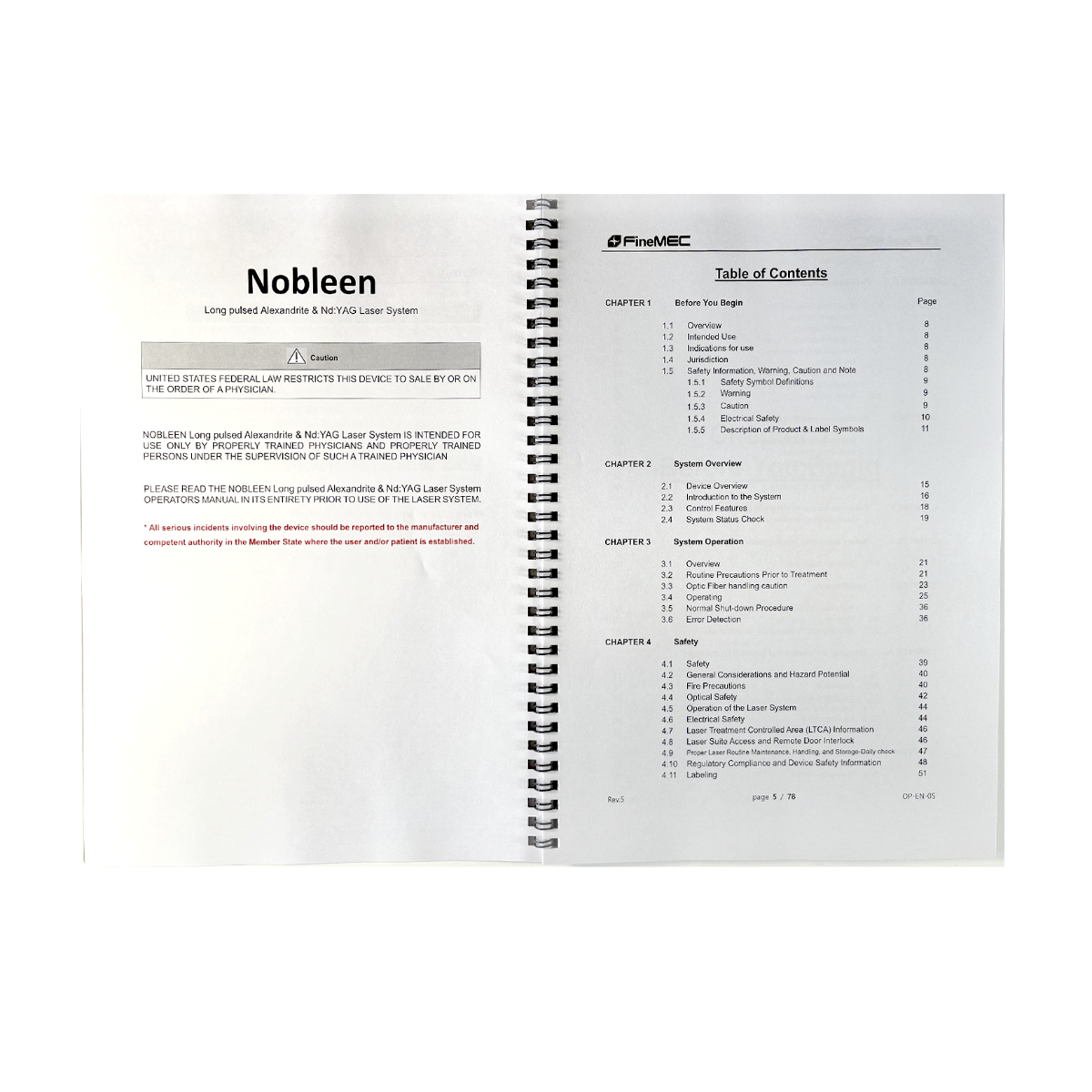 FineMec, Nobleen User Manual, Long pulsed Alexandrite & Nd: YAG Laser. P/N: OP-EN-05 Rev.5