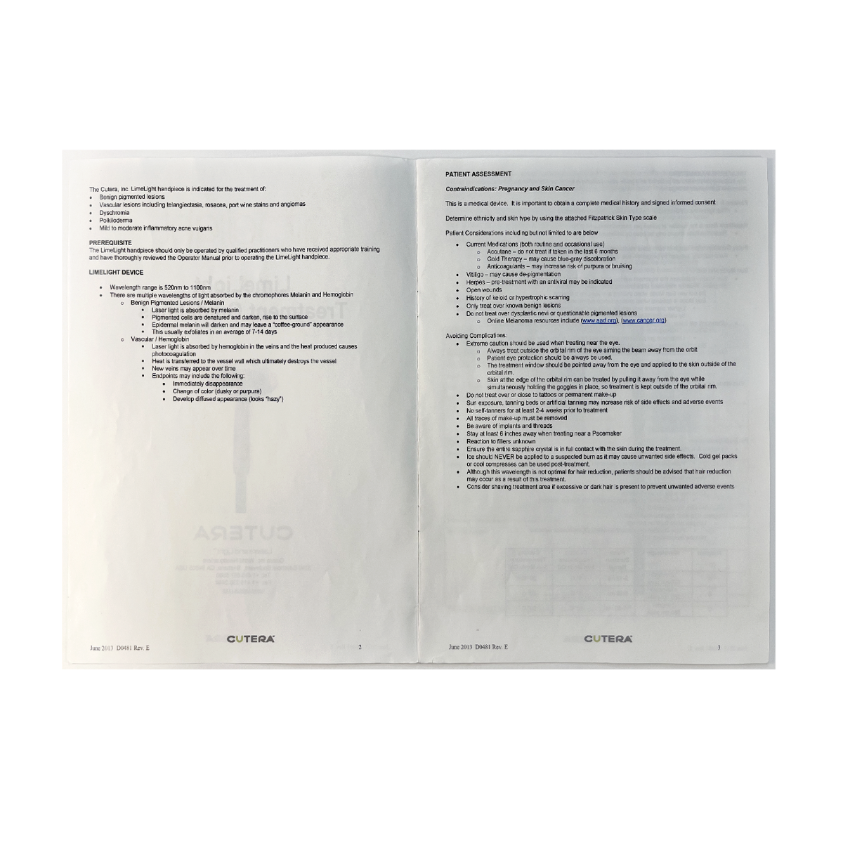 Cutera LimeLight Laser Treatment User Operator Guidelines Manual Parameters