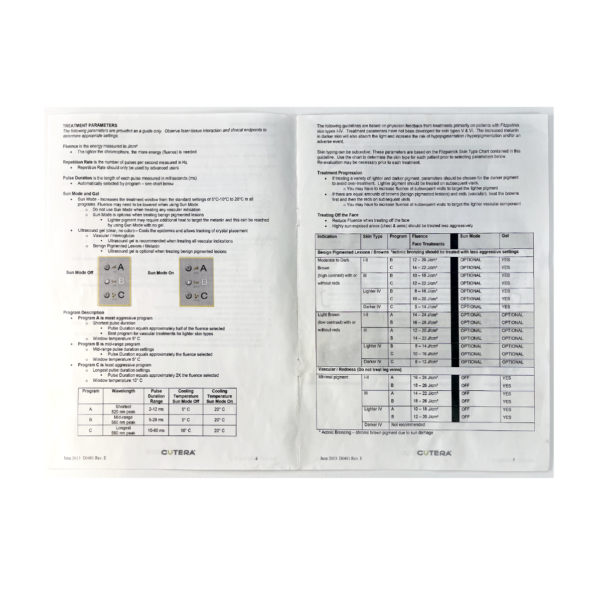 Cutera LimeLight Laser Treatment User Operator Guidelines Manual Parameters