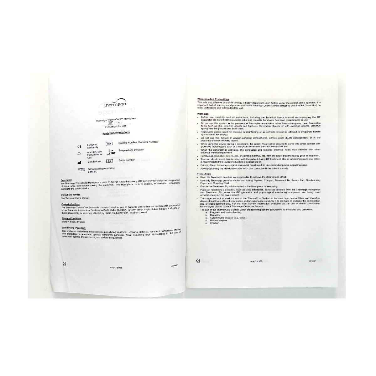 Thermage ThermaCool Handpice Symbols/Abbreviations Operator's manual 40100F