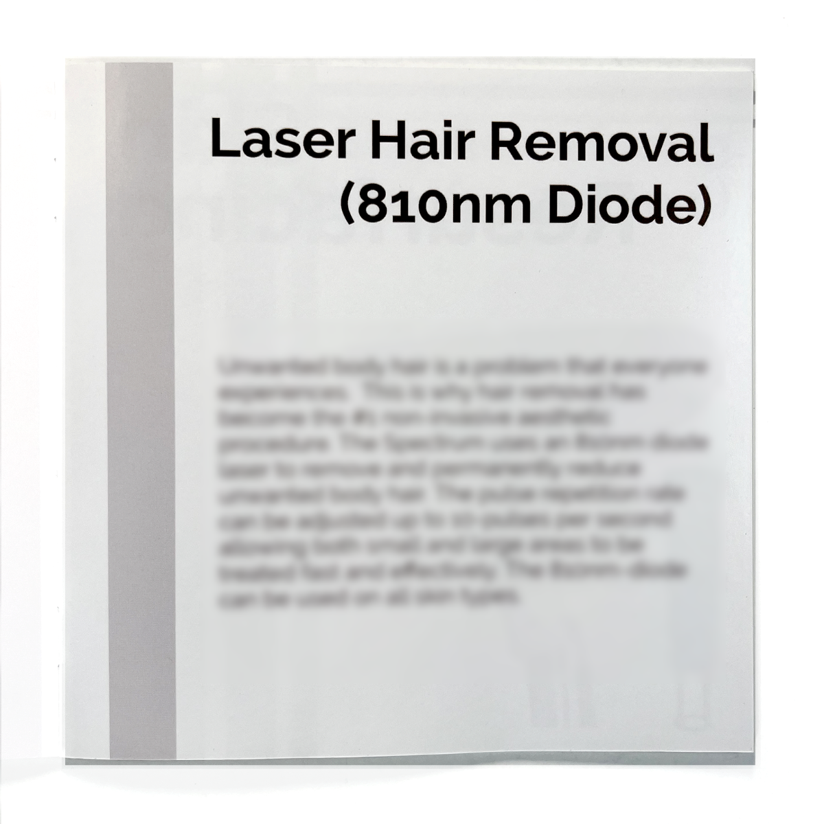 Rohrer Aesthetics, the Spectrum “Multi Platform Laser / IPL” (skin resurfacing, hair removal, tattoo removal, vascular reduction, IPL.) Booklet.