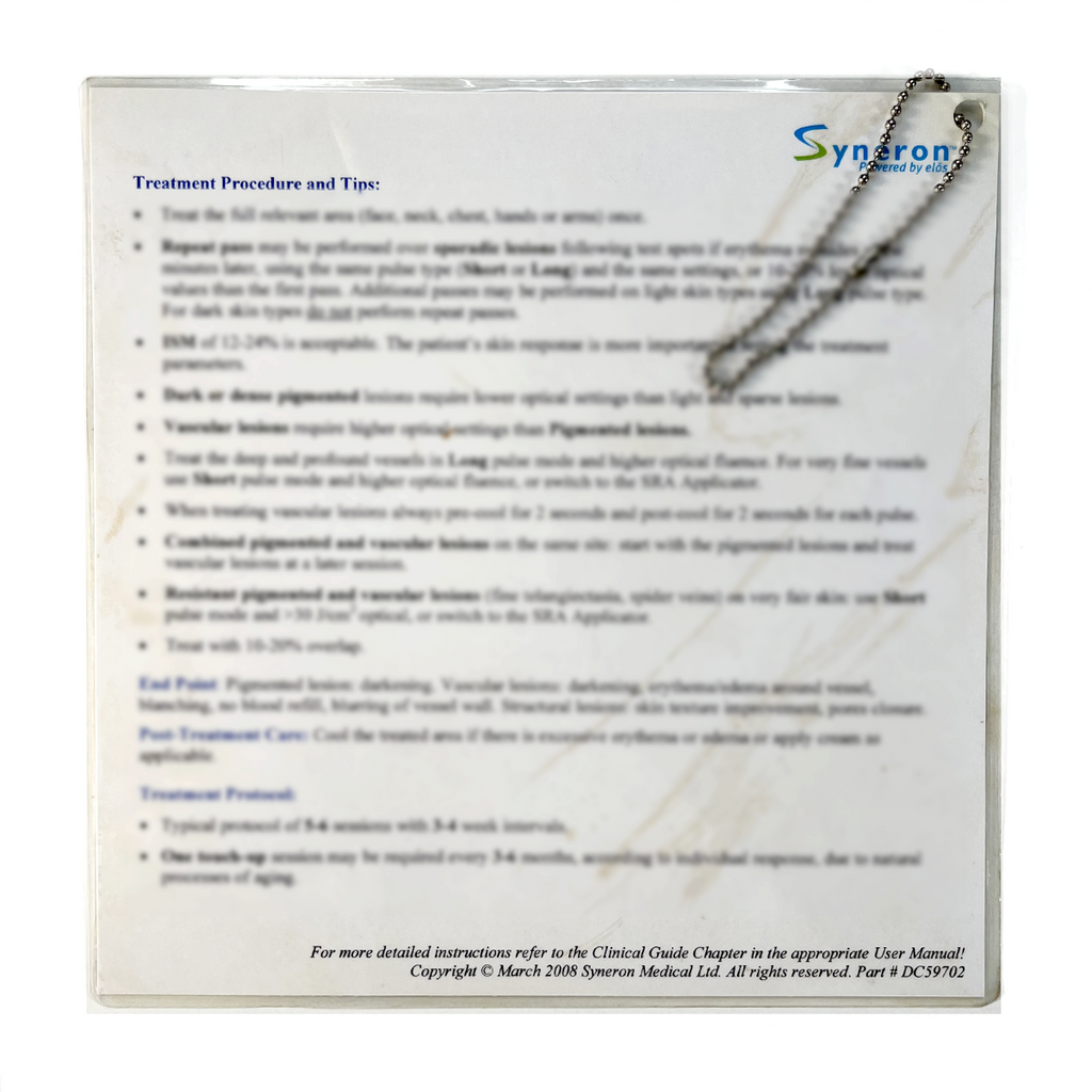 Syneron, SR Treatment Quick-Reference Guide Superficial & Vascular Lesions Leading to Skin Rejuvenation. P/N: DC59702, 2008