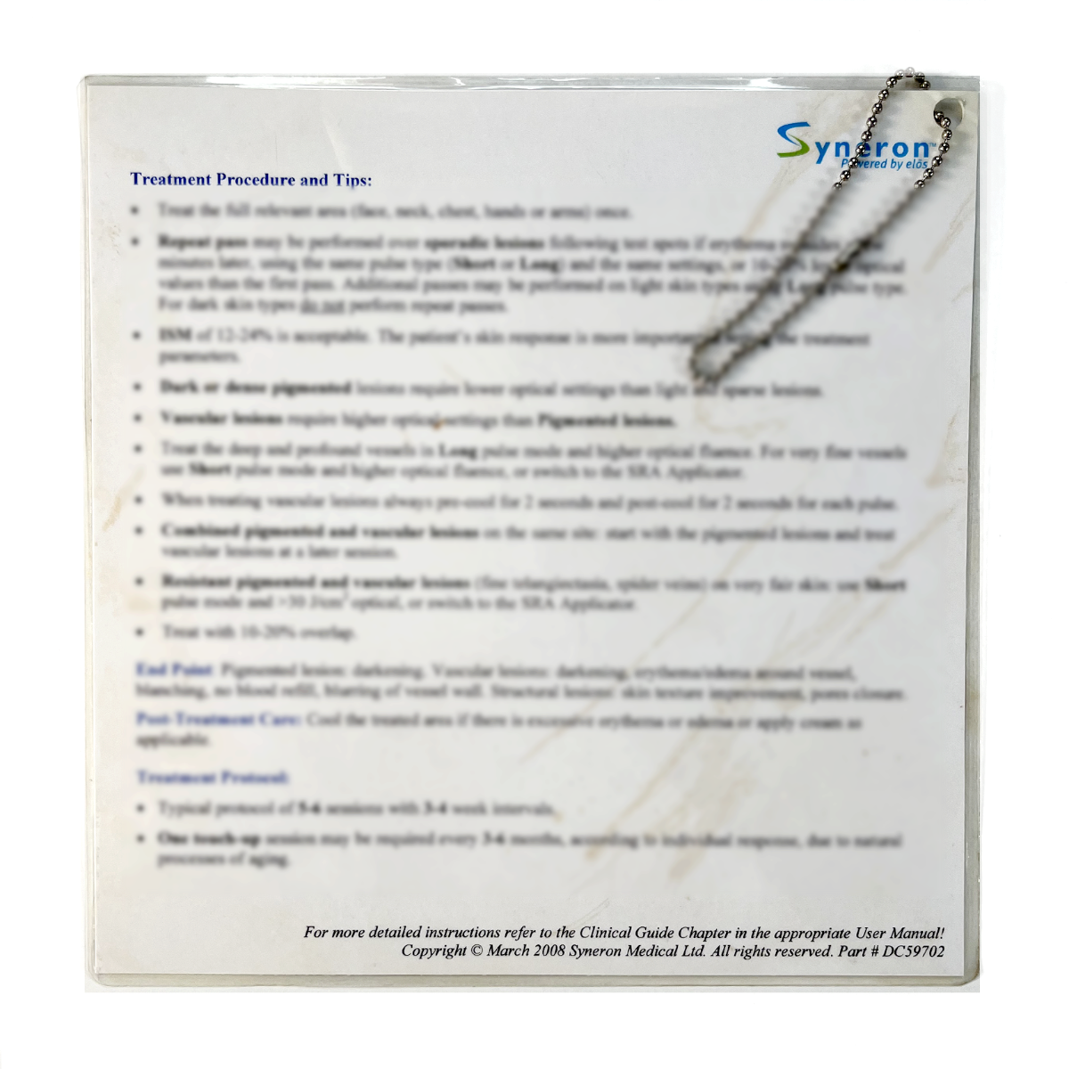 Syneron, SR Treatment Quick-Reference Guide Superficial & Vascular Lesions Leading to Skin Rejuvenation. P/N: DC59702, 2008