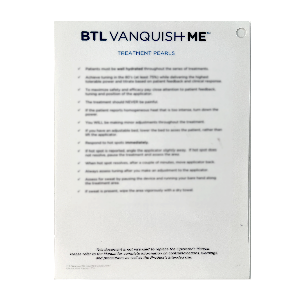 BTL VANQUISH ME, Treatment Pearls and Pre-Treatment Checklist 713-74VanquishME