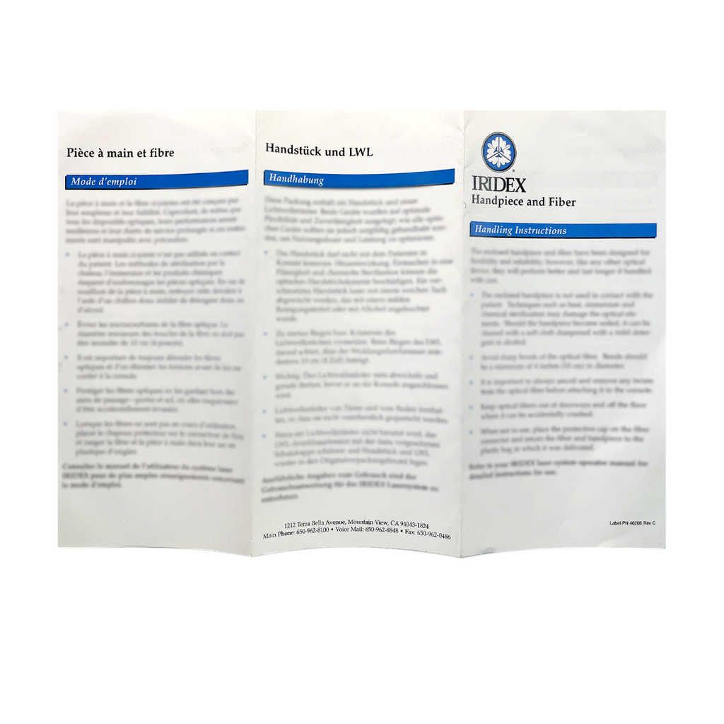 IRIDEX Handpiece and Fiber, Handing Instructions. P/N: Label PN 40208 Rev C