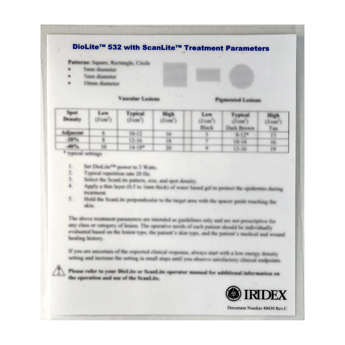 IRIDEX, DioLite 532 with ScanLite Treatment Parameters, P/N: 40430 Rev. C
