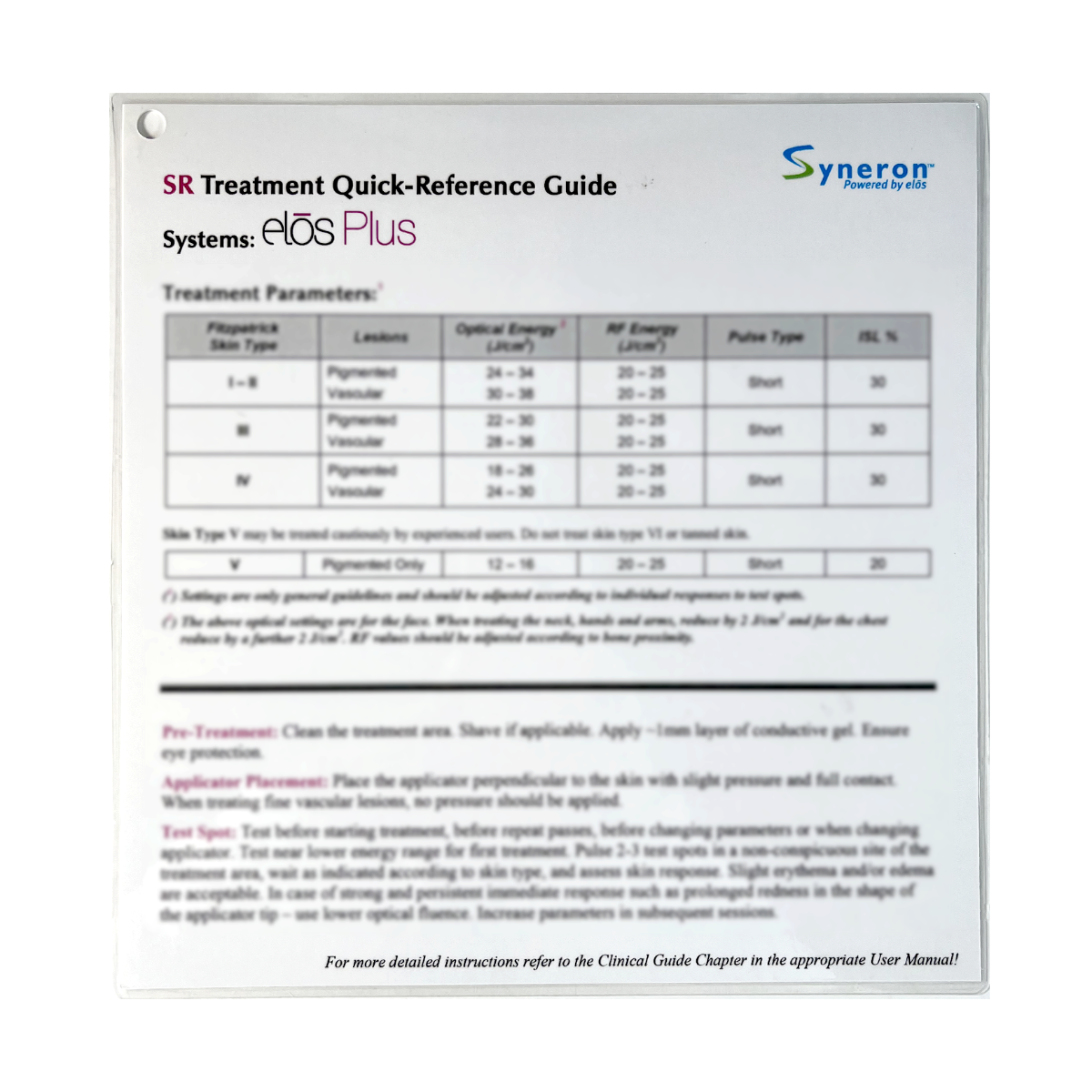Syneron, elos Plus, SR Treatment Quick-Reference Guide, P/B: PB76092EN