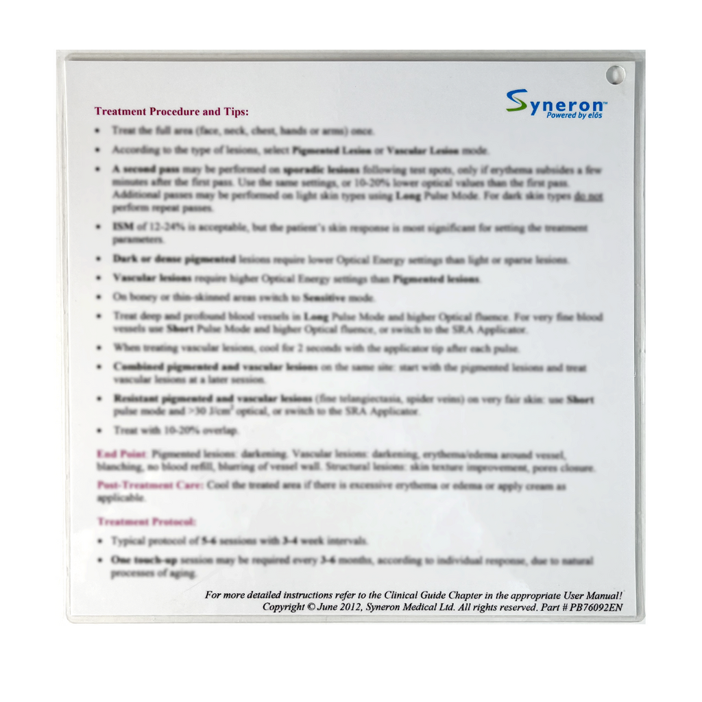 Syneron, elos Plus, SR Treatment Quick-Reference Guide, P/B: PB76092EN