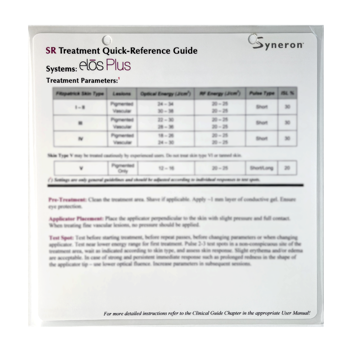 Syneron, elos Plus, SR Treatment Quick-Reference Guide, P/B: PB76092EN 1