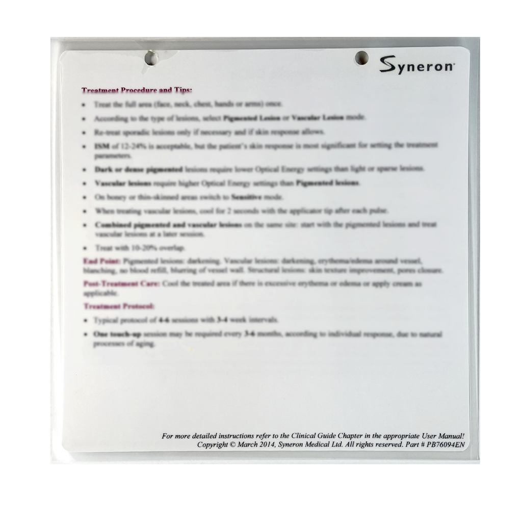 Syneron, elos Plus, SR Treatment Quick-Reference Guide, P/B: PB76092EN 1