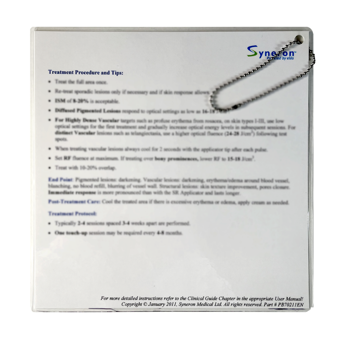 Syneron, elos Plus, SR Treatment Quick-Reference Guide, P/B: PB70211EN