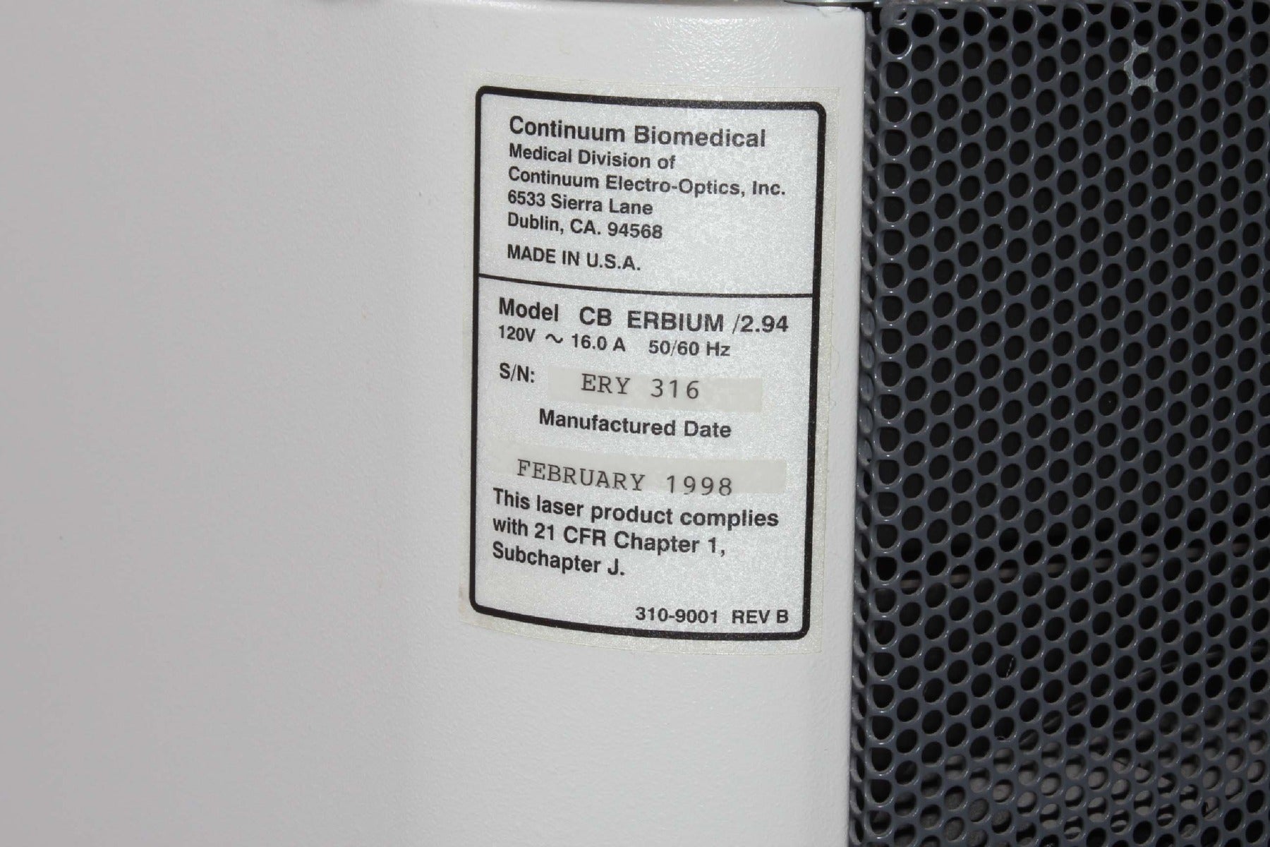 1998 ConBio CB Erbium/294 Erbium YAG 2940 Dermatology Ablative Resurfacing Laser