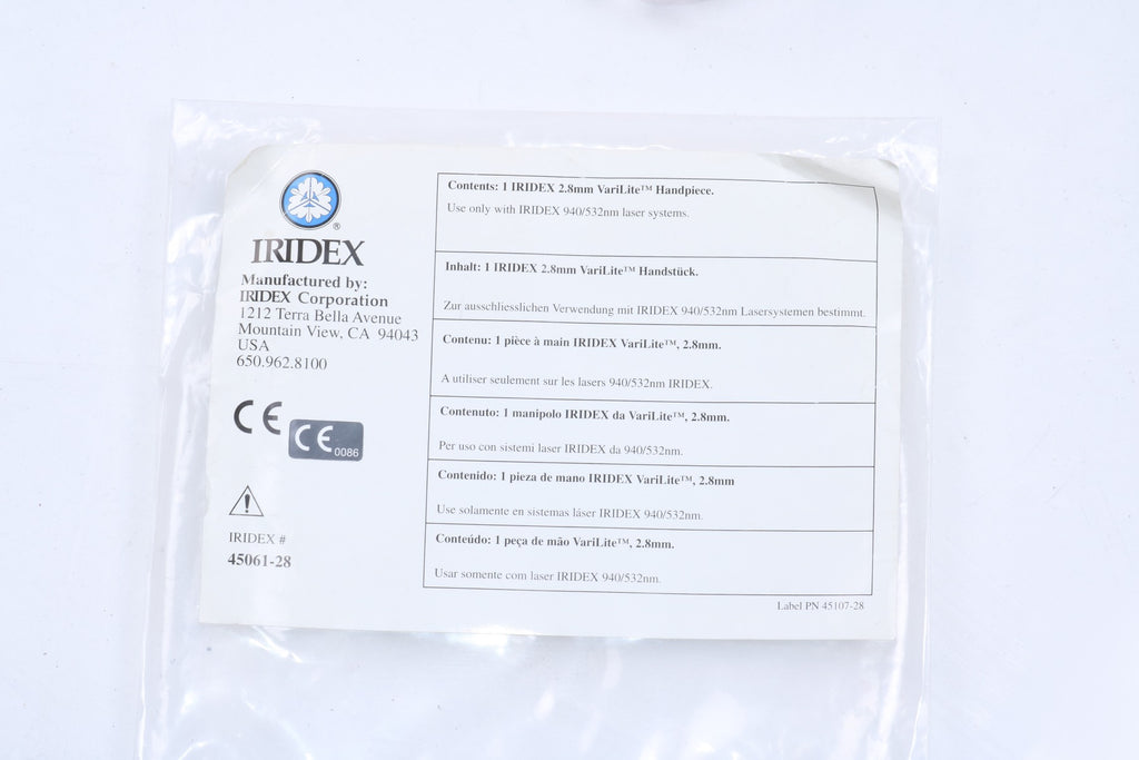 Iridex Varilite 940 532 nm Laser 2.8 mm Spot Fiber Handpiece 438 45001 45061-28