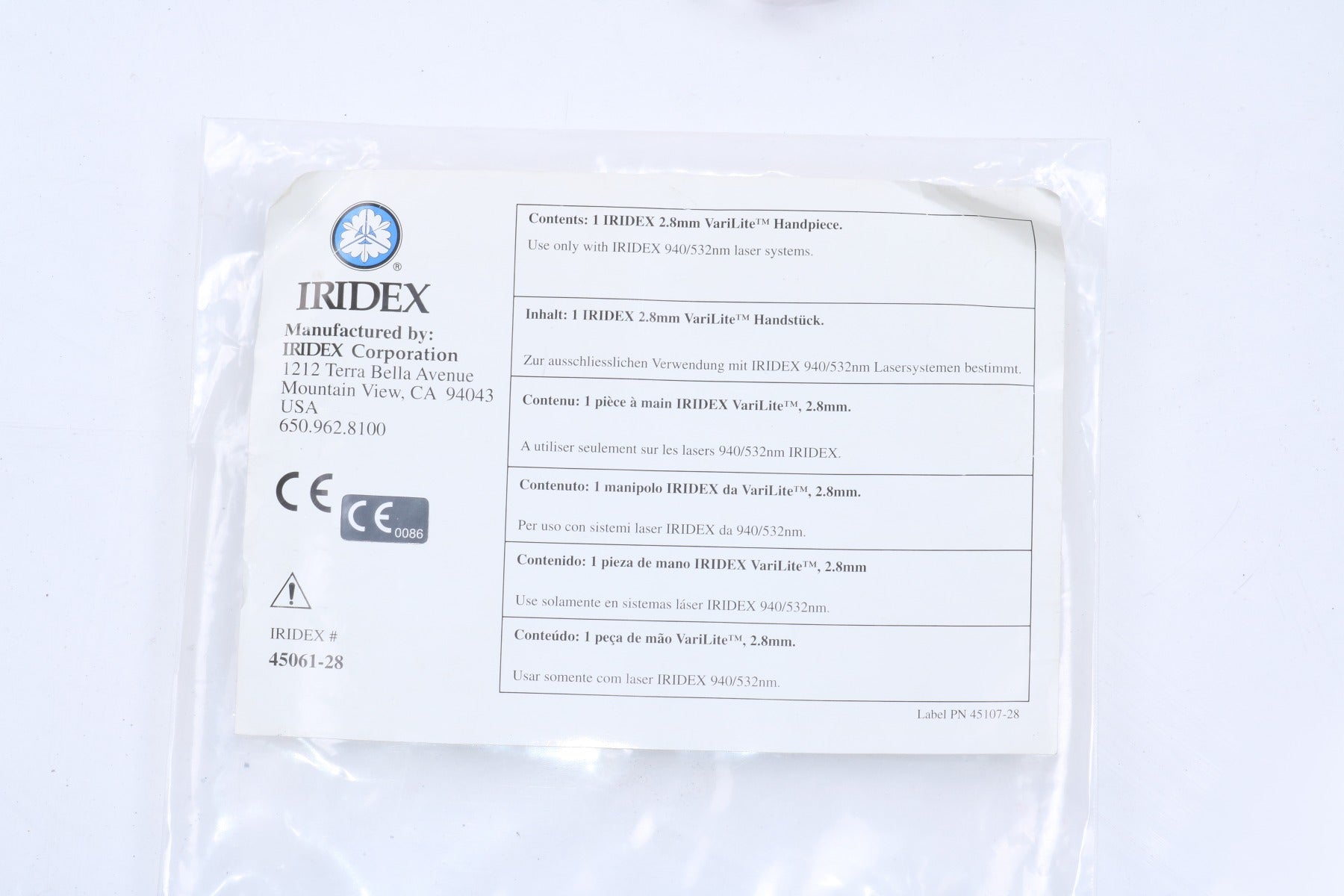 Iridex Varilite 940 532 nm Laser 2.8 mm Spot Fiber Handpiece 438 45001 45061-28