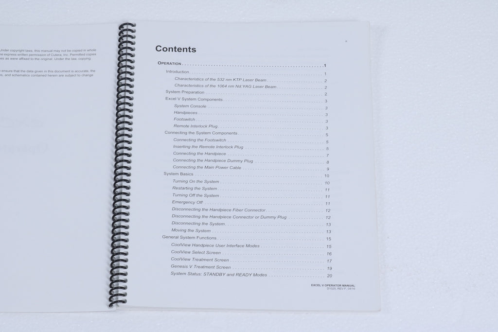 2016 Cutera Excel V NdYAG KTP 532 1064 Laser Operator Manual D1025 REV F Used