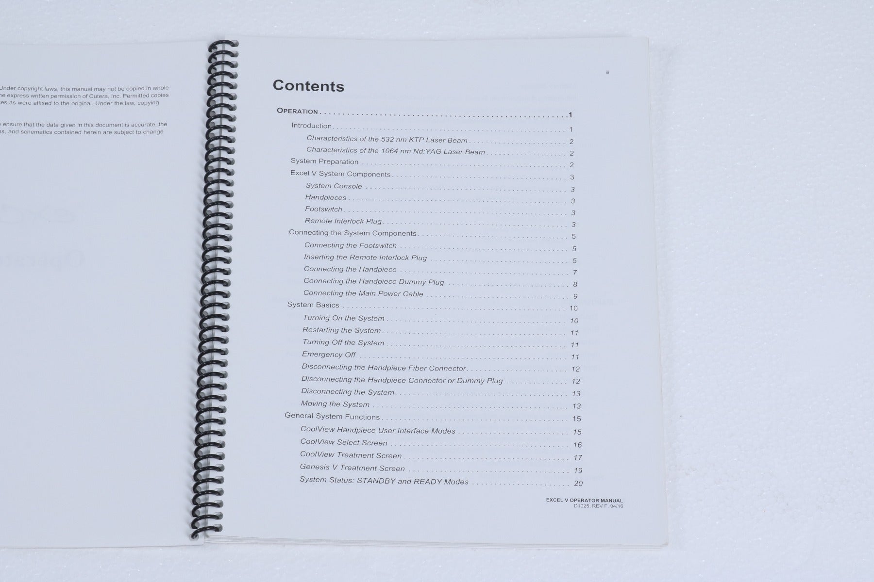 2016 Cutera Excel V NdYAG KTP 532 1064 Laser Operator Manual D1025 REV F Used