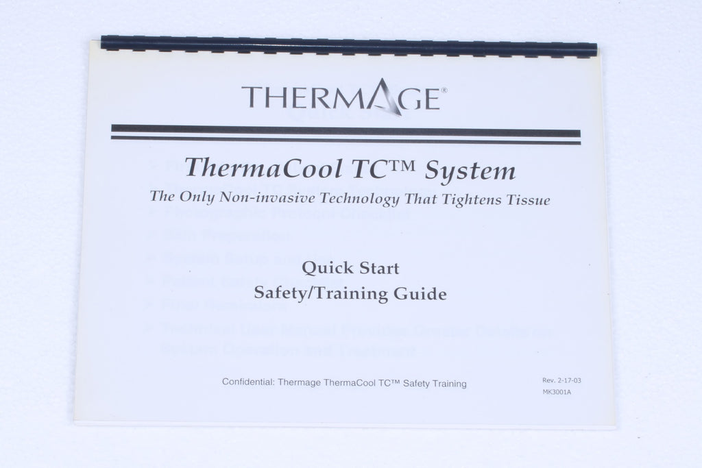 2003 Thermage ThermaCool TC Quick Start Safety Training Guide Manual MK3001A
