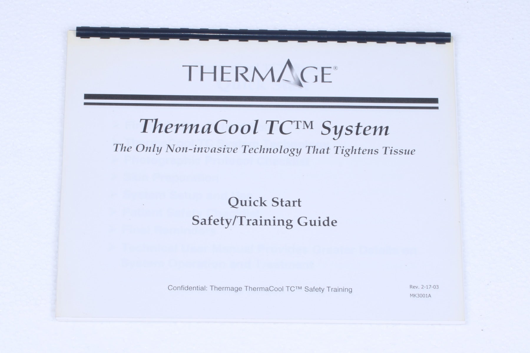 2003 Thermage ThermaCool TC Quick Start Safety Training Guide Manual MK3001A