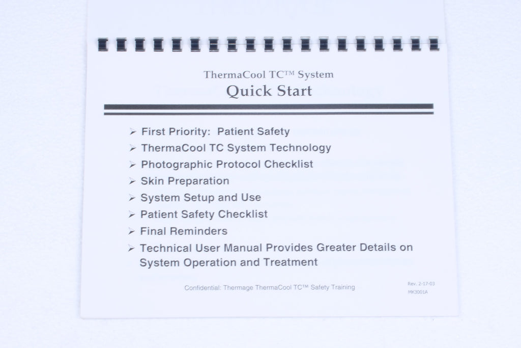 2003 Thermage ThermaCool TC Quick Start Safety Training Guide Manual MK3001A