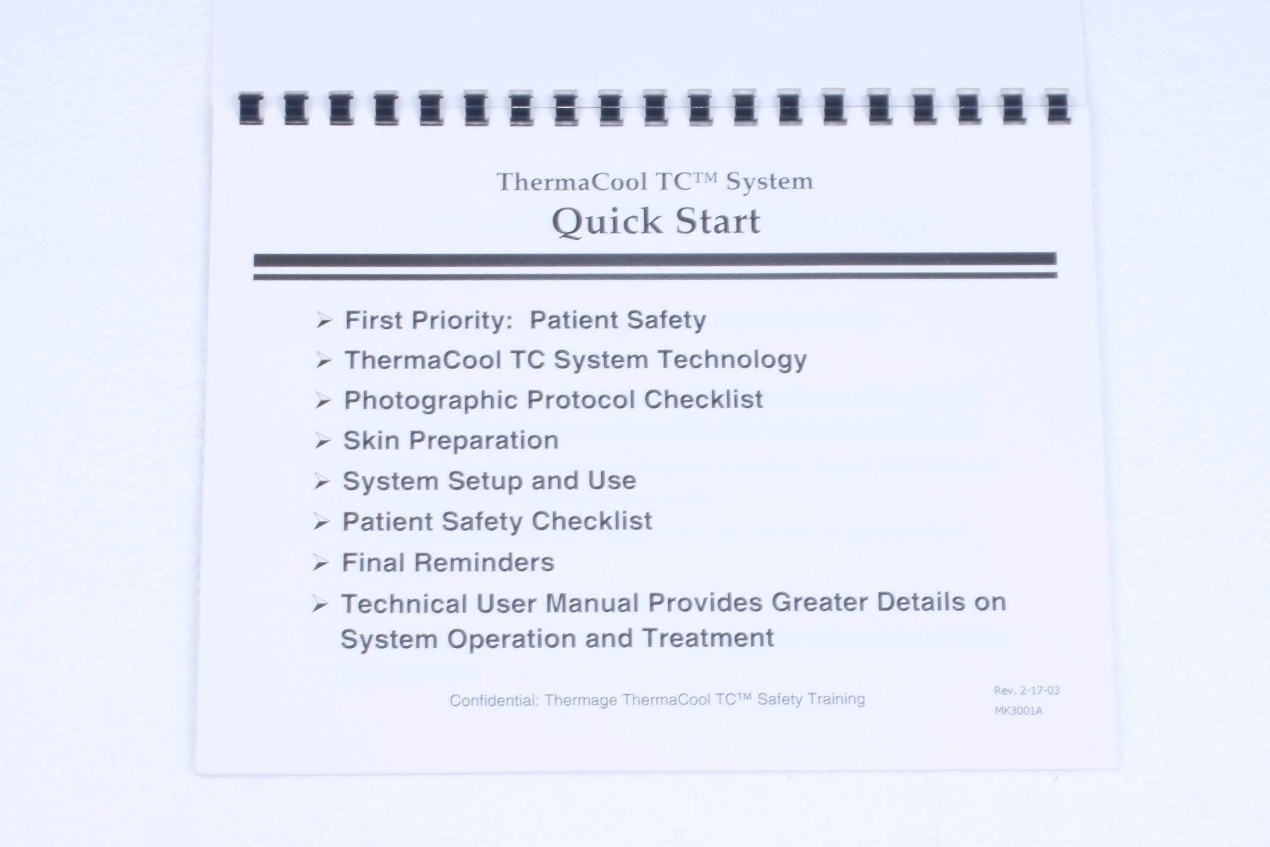 2003 Thermage ThermaCool TC Quick Start Safety Training Guide Manual MK3001A