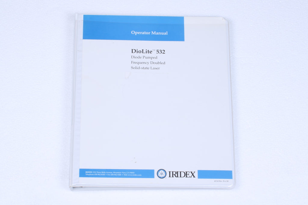 2000 Iridex DioLite 532 nm Dio Light Laser Operator Manual 40143 Rev B Used