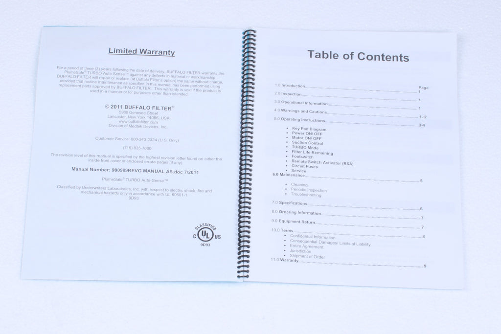 2011 Buffalo Filter PumeSafe Turbo Auto Sense Smoke Evac Operator Manual 900989