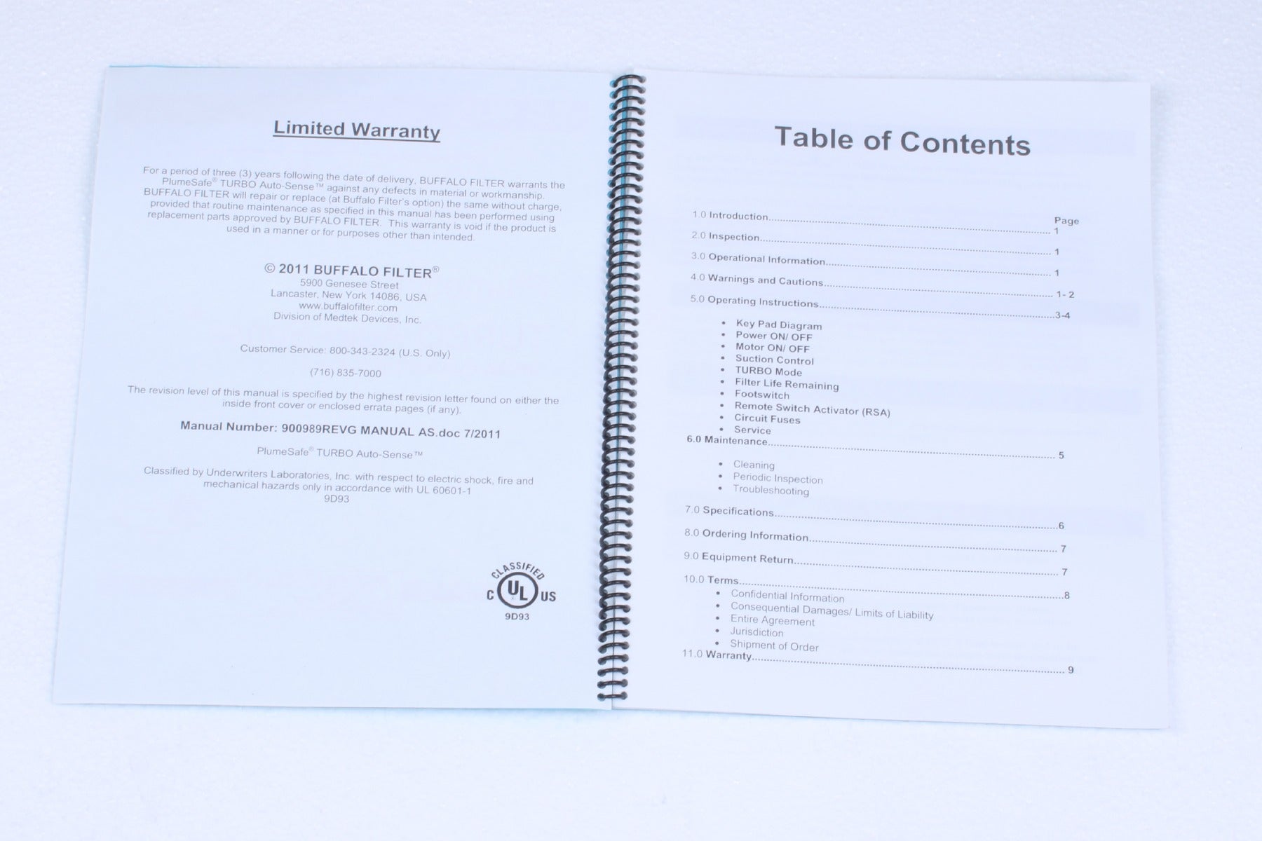 2011 Buffalo Filter PumeSafe Turbo Auto Sense Smoke Evac Operator Manual 900989