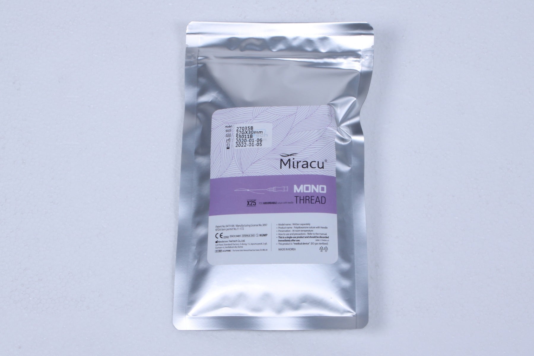 Feel Tech Miracu PDO Thread Lifting Mono 27G 30mm 27035B 25 Pack EXP 2022