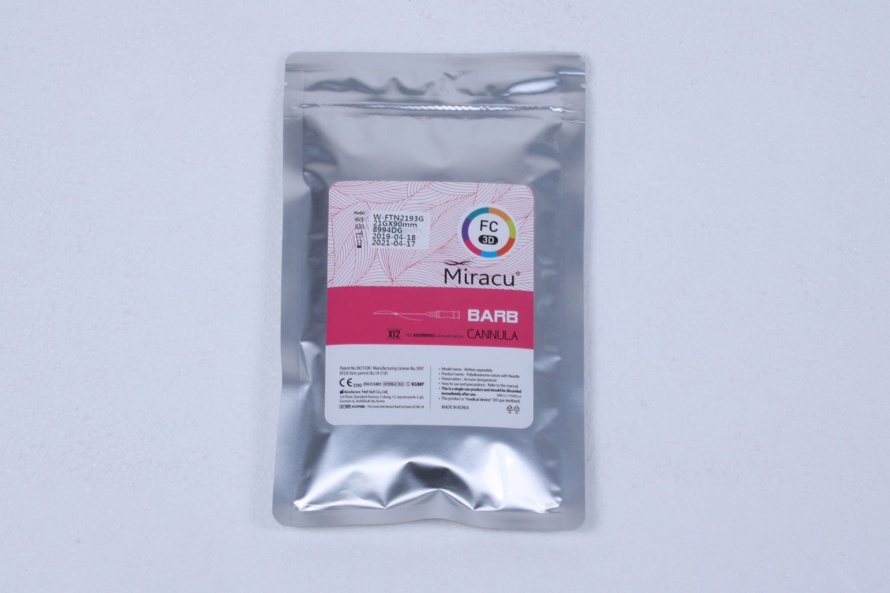 Miracu PDO Thread Lifting FC 3D Barb Cannula 21G 90mm W-FTN2193G 12pk EX2021
