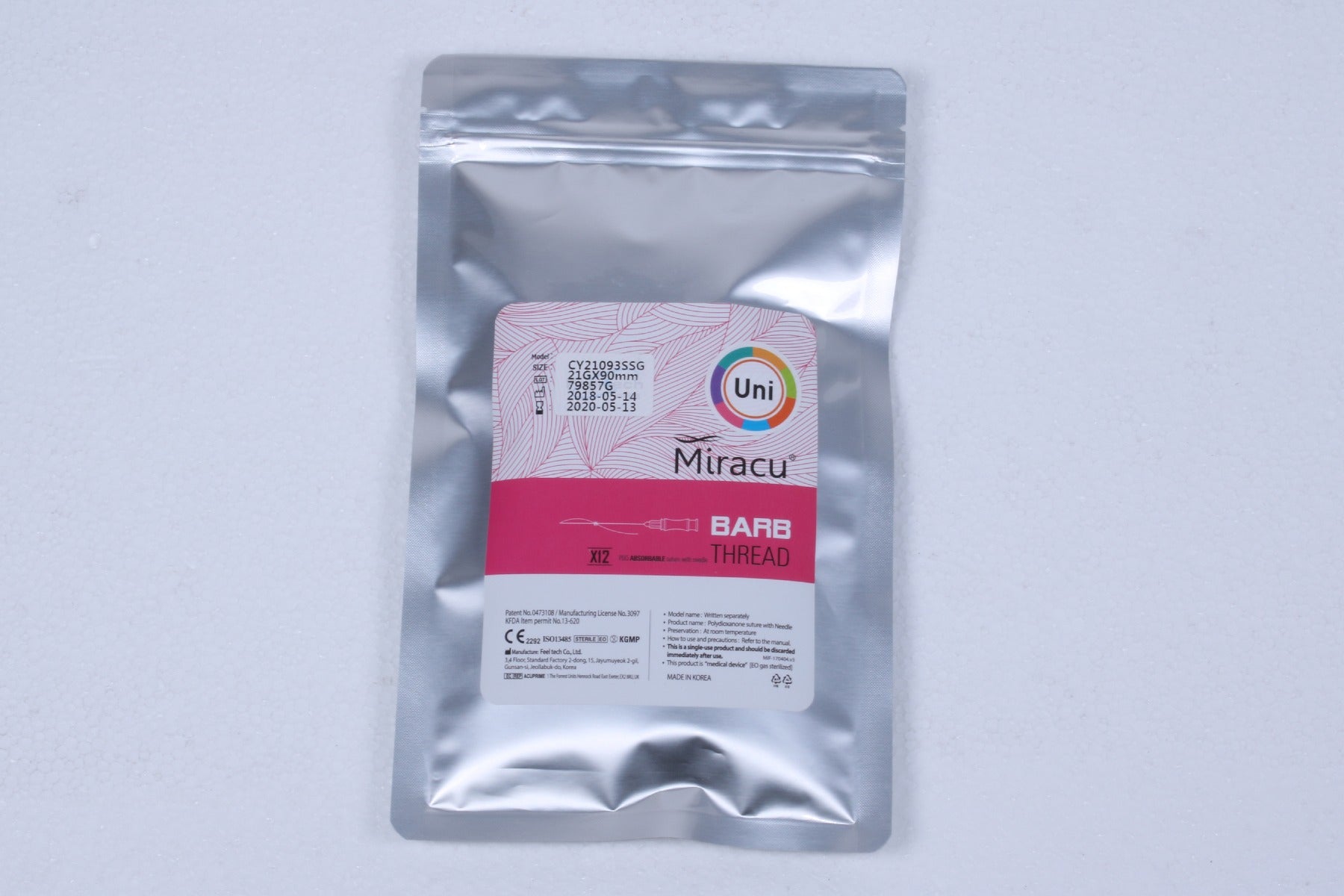 Feel Tech Miracu PDO Thread Lifting Uni Barb 21G 90mm CY21093SSG 12Pack EXP 2020