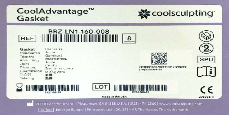 Zeltiq CoolSculpting BRZ-LN1-160-008 Cool ADVANTAGE Gaskets 8PK EXP 2021-08-10