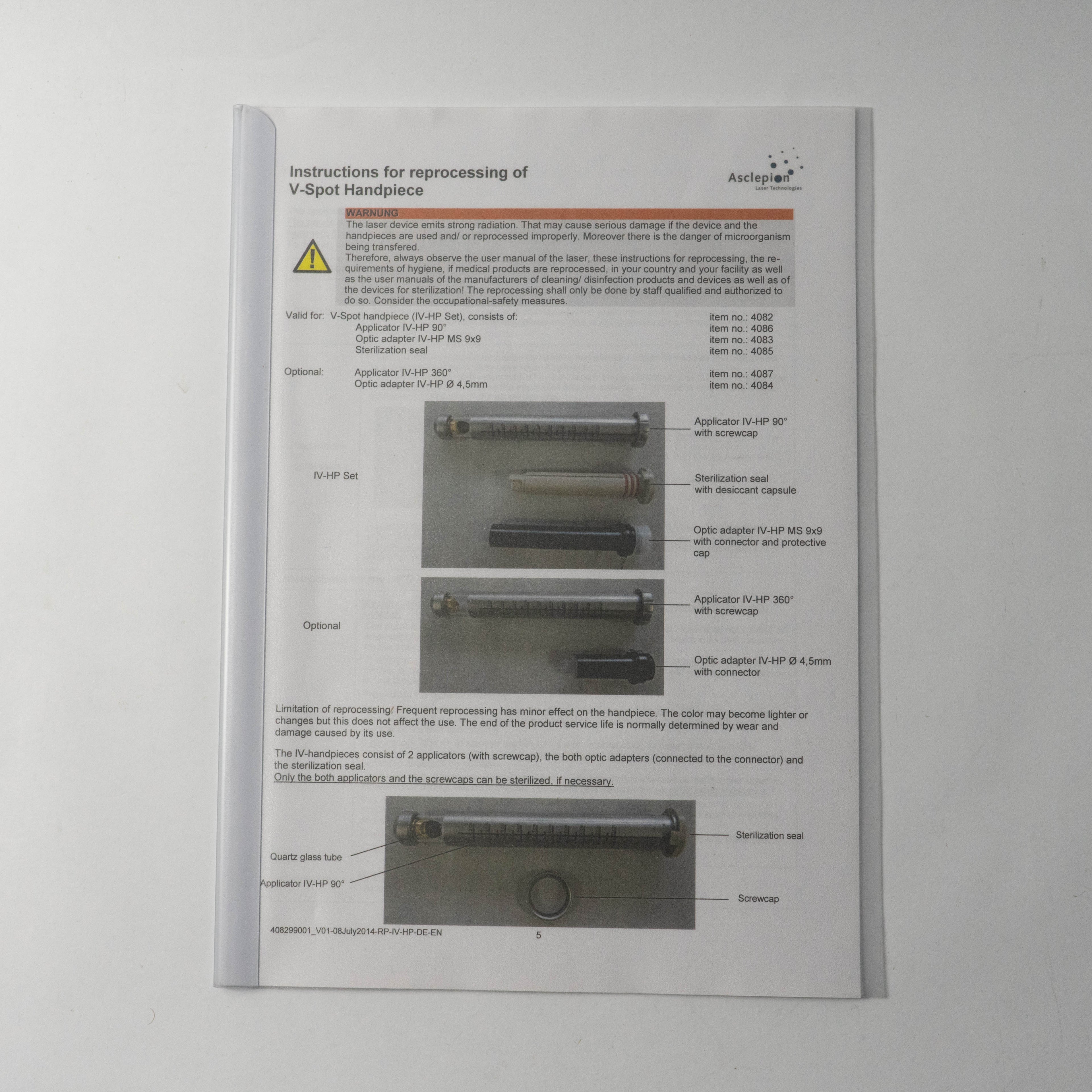 Asclepion Instruction for reprocessing of V-Spot Handpiece Booklet ENGLISH 2014