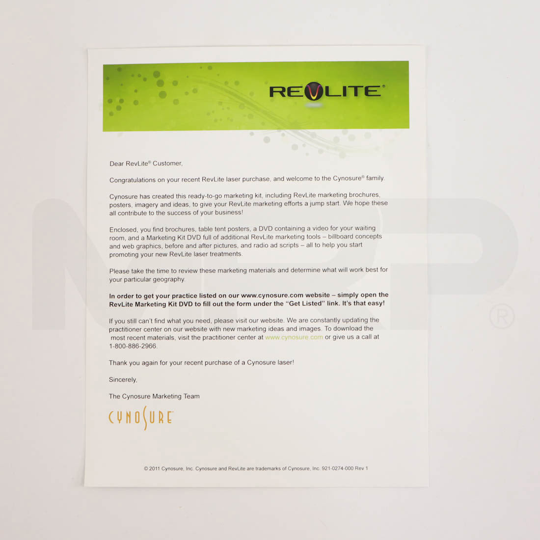 Cynosure RevLite Marketing Office Kit Letter