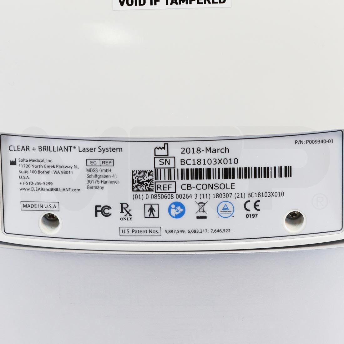 2018 Solta Clear + Brilliant Laser System Serial Label