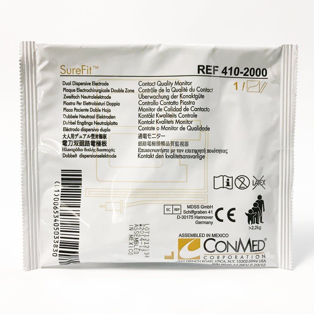 ConMed Sure Fit Dual Dispersive Electrode >2.2kg SureFit w/ Cable 410-2000 2014