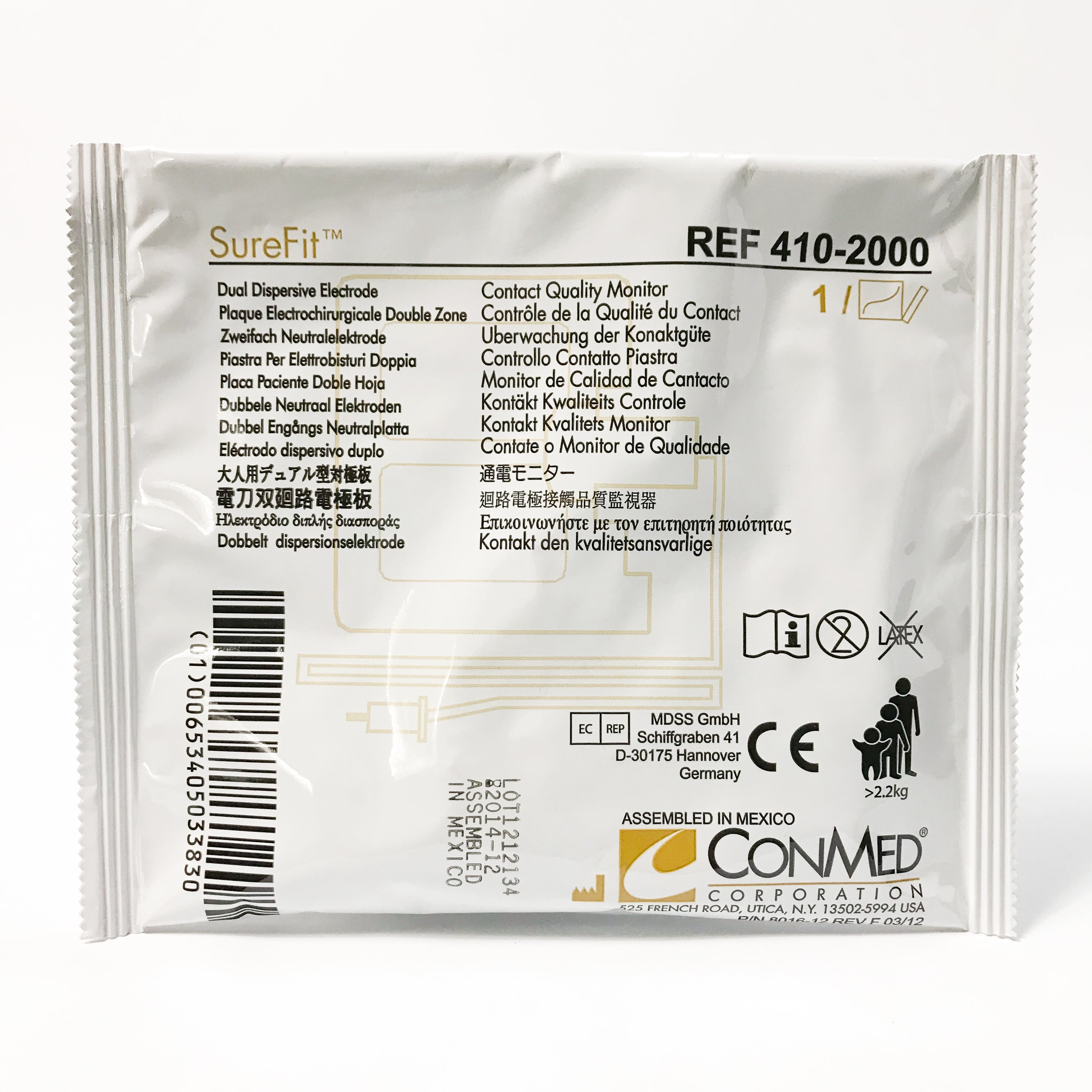 ConMed Sure Fit Dual Dispersive Electrode >2.2kg SureFit w/ Cable 410-2000 2014