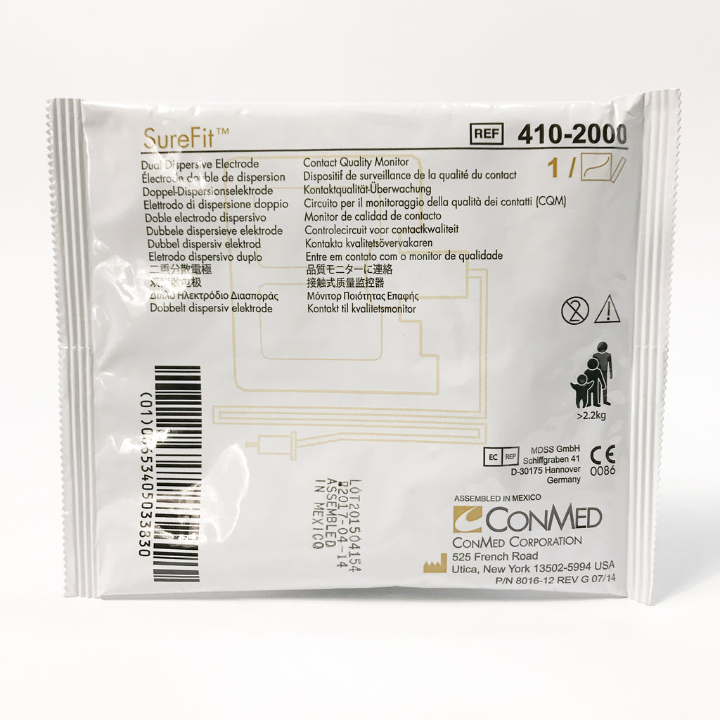 ConMed Sure Fit Dual Dispersive Electrode >2.2kg SureFit w/ Cable 410-2000 2017