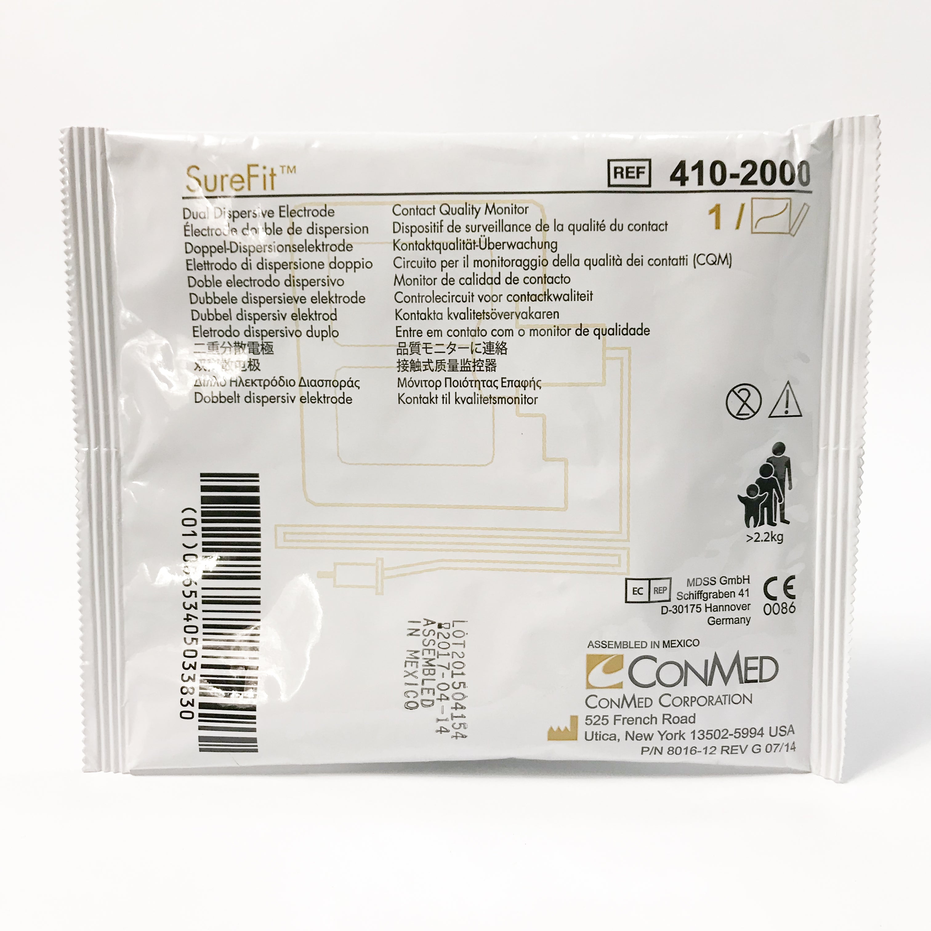ConMed Sure Fit Dual Dispersive Electrode >2.2kg SureFit w/ Cable 410-2000 2017