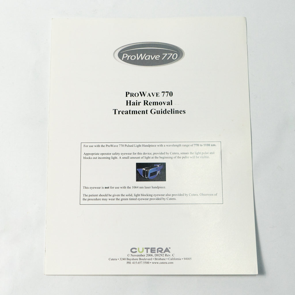 Cutera Prowave 770 Hair Removal Treatment Guidelines Manual Booklet D0292