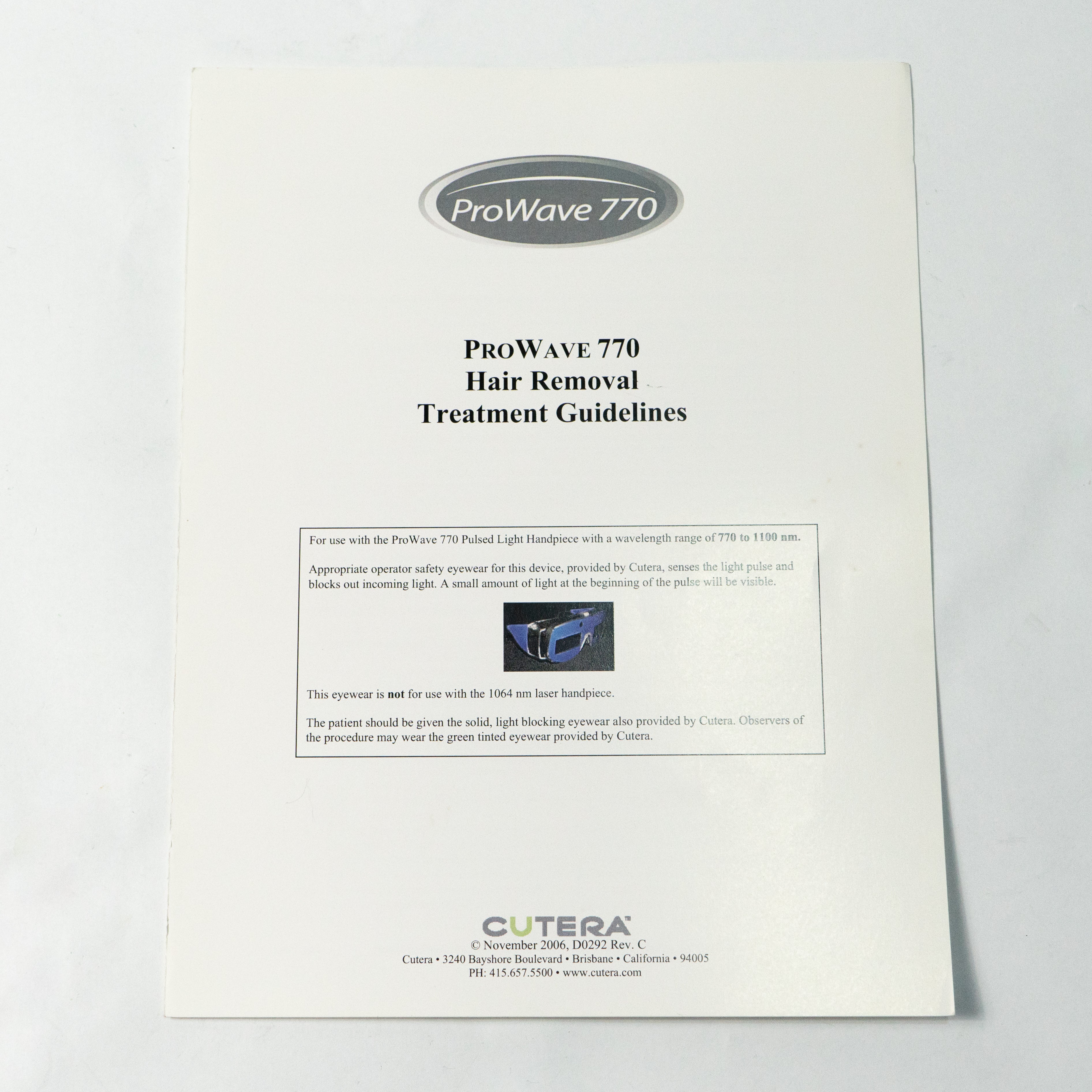 Cutera Prowave 770 Hair Removal Treatment Guidelines Manual Booklet D0292