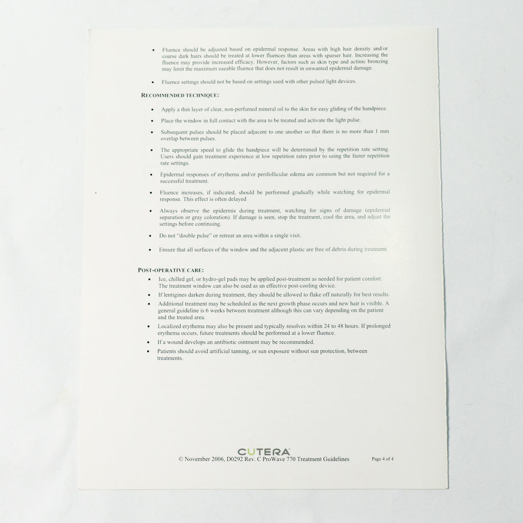 Cutera Prowave 770 Hair Removal Treatment Guidelines Manual Booklet D0292