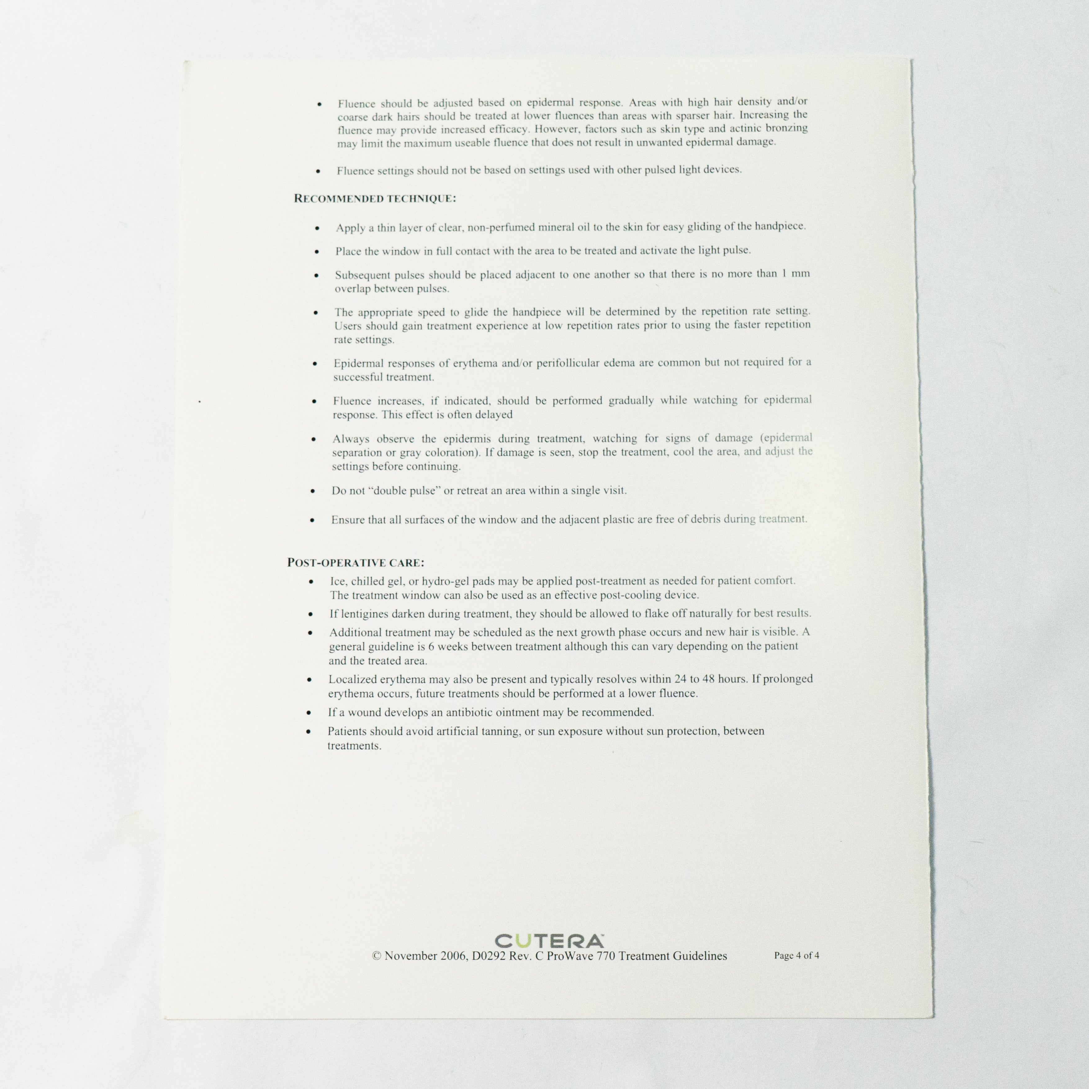Cutera Prowave 770 Hair Removal Treatment Guidelines Manual Booklet D0292